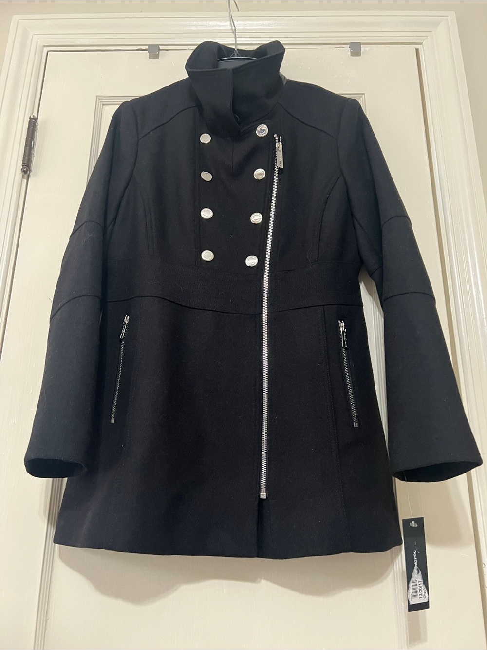 Kenneth Cole New York Black Double-Breasted Pea Coat with Asymmetrical Zip